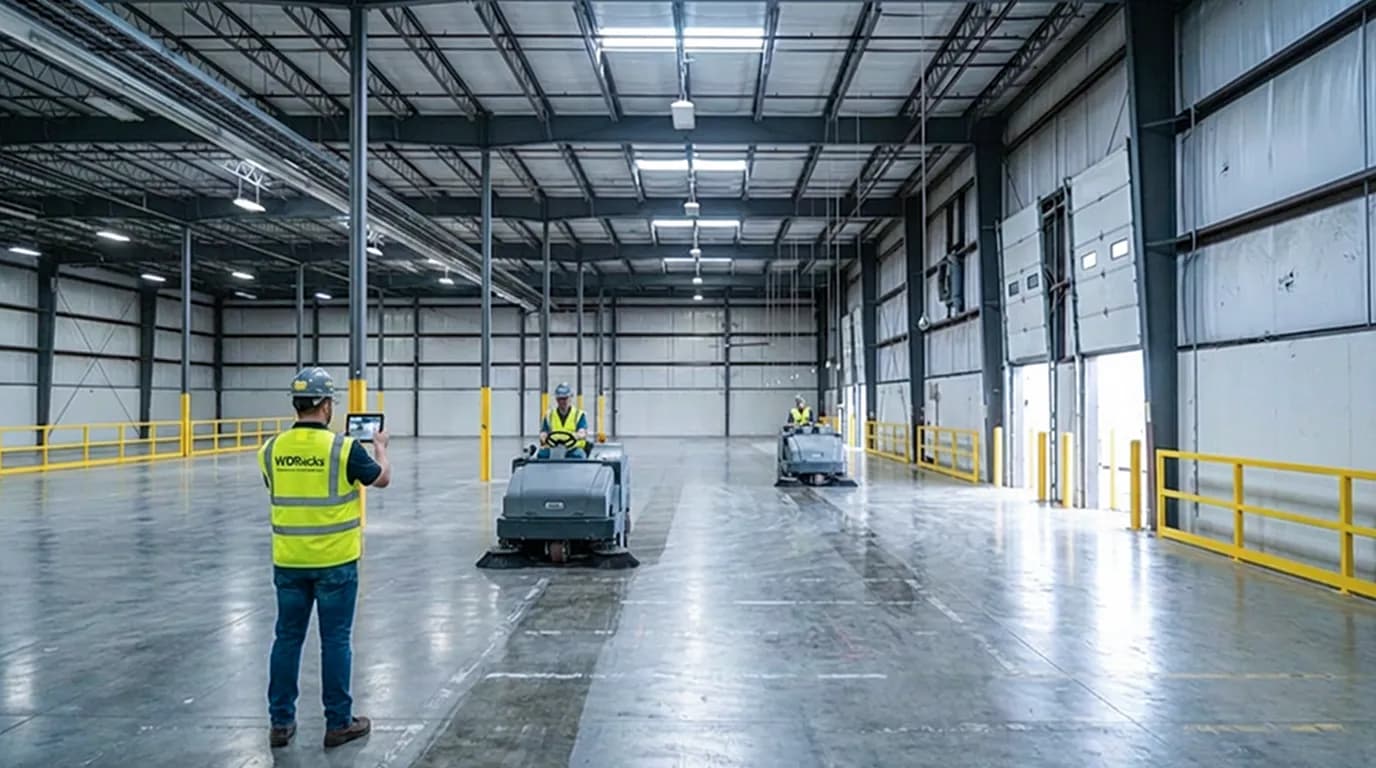 Industrial floor sweeper cleaning warehouse floor.