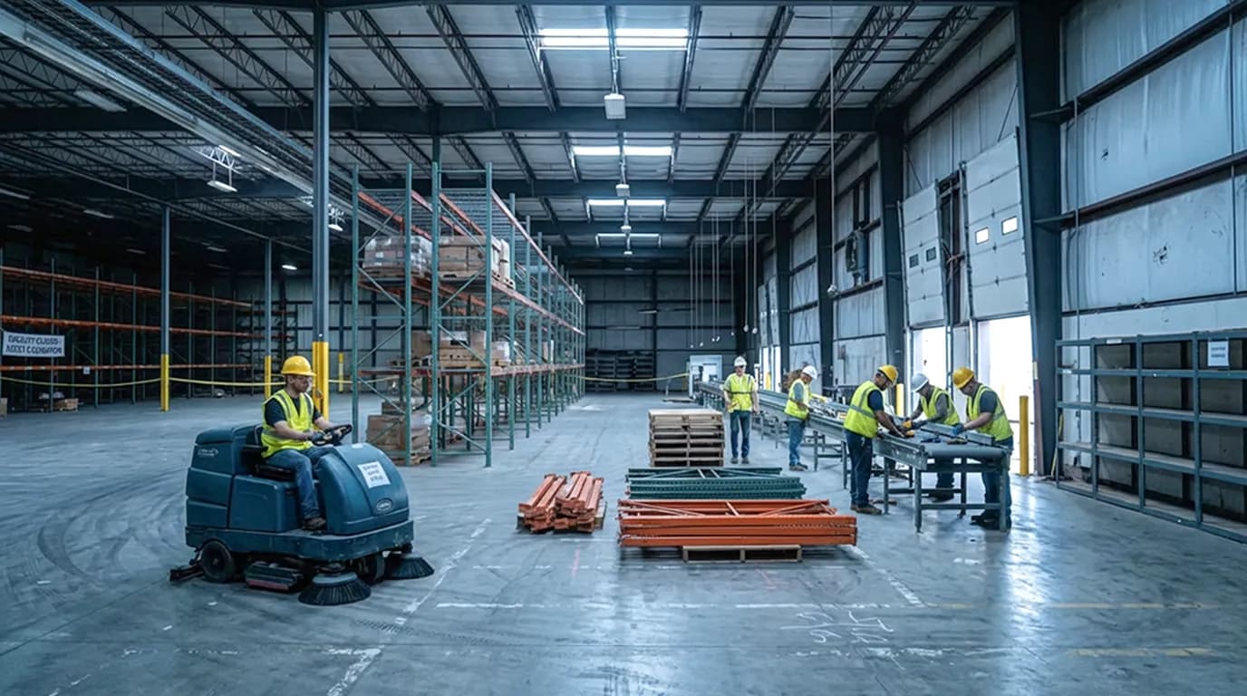 Warehouse equipment being dismantled.