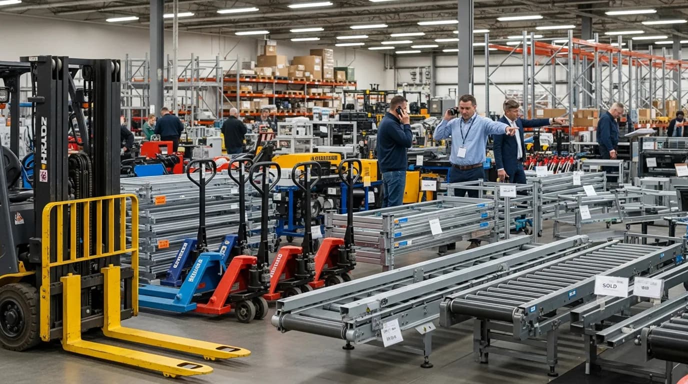 Clients browse surplus material handling equipment.