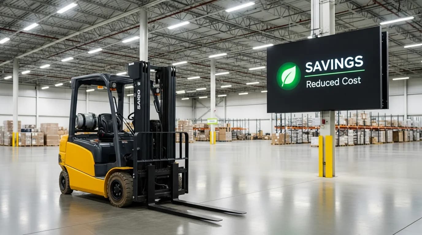 forklift sitting in warehouse with a large Savings sign