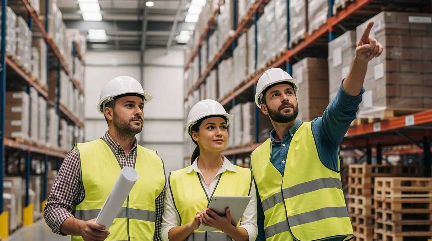 inspectors review pallet racking inside a warehouse