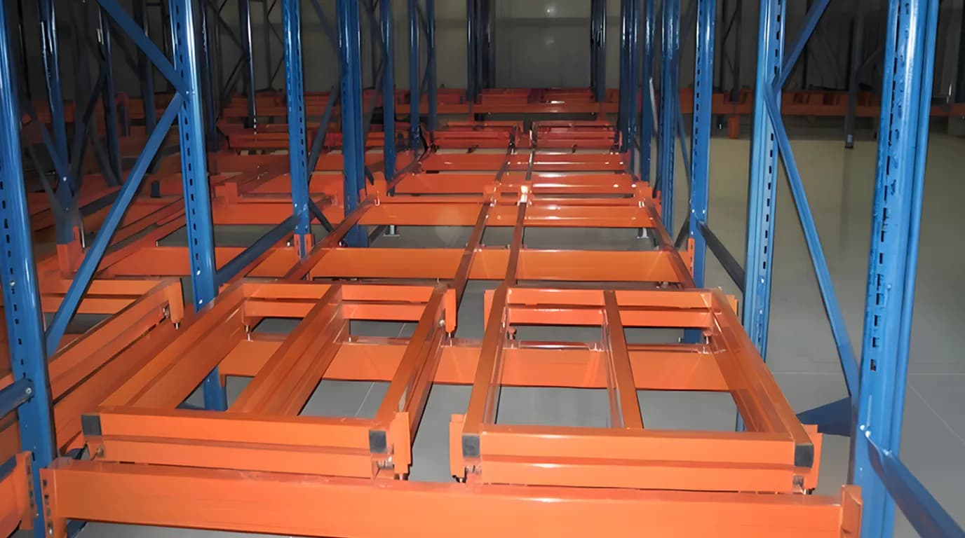 Push back racking frame.