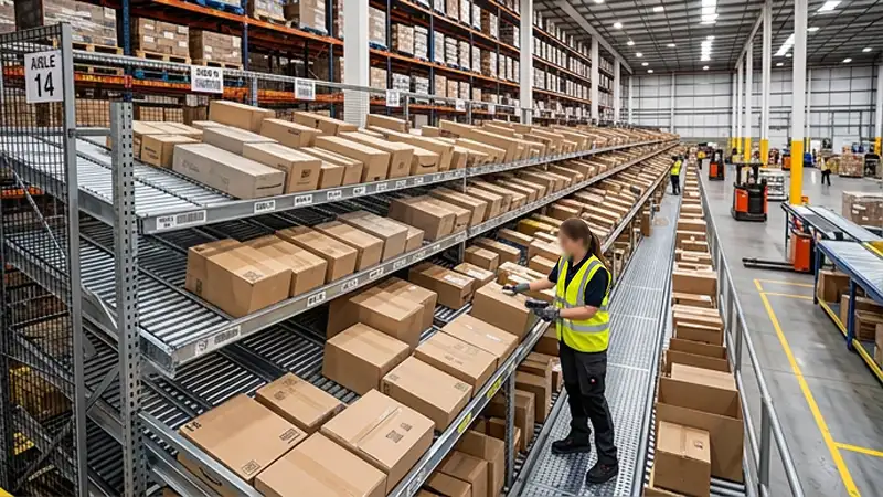 carton-flow pallet racking organized against a warehouse wall.