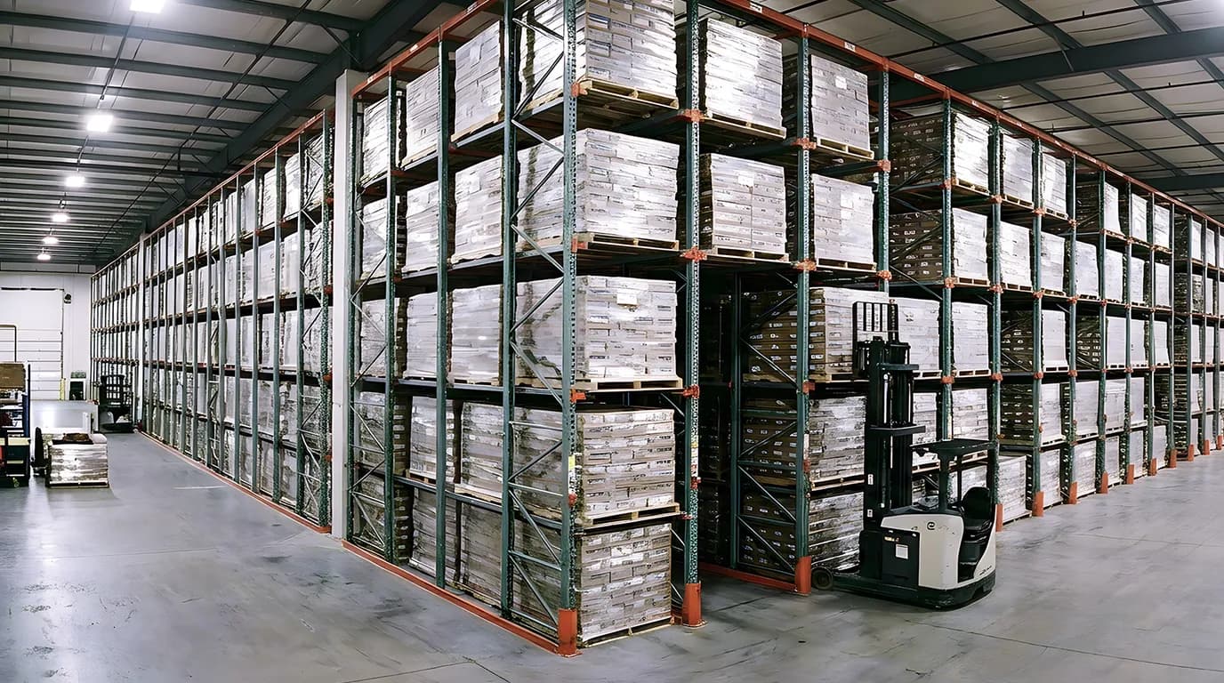 Close up view of a drive-in rack structure.