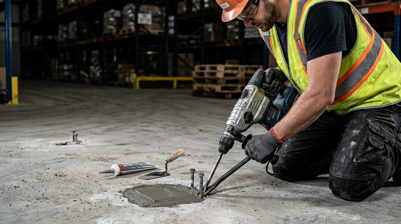 Warehouse decomissioning concrete anchors and base plates